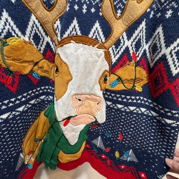 Holiday Time Ugly Christmas Sweater Reindeer L/G 42-44 knit Red Blue - Picture 2 of 7